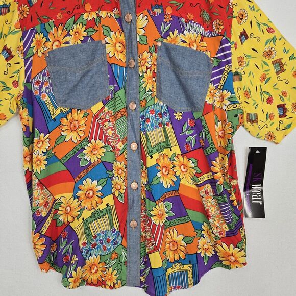 Vtg SK Wear Top Sz L Multi Mixed Print Mod Daisy Floral Denim Pockets Retro - Picture 3 of 13